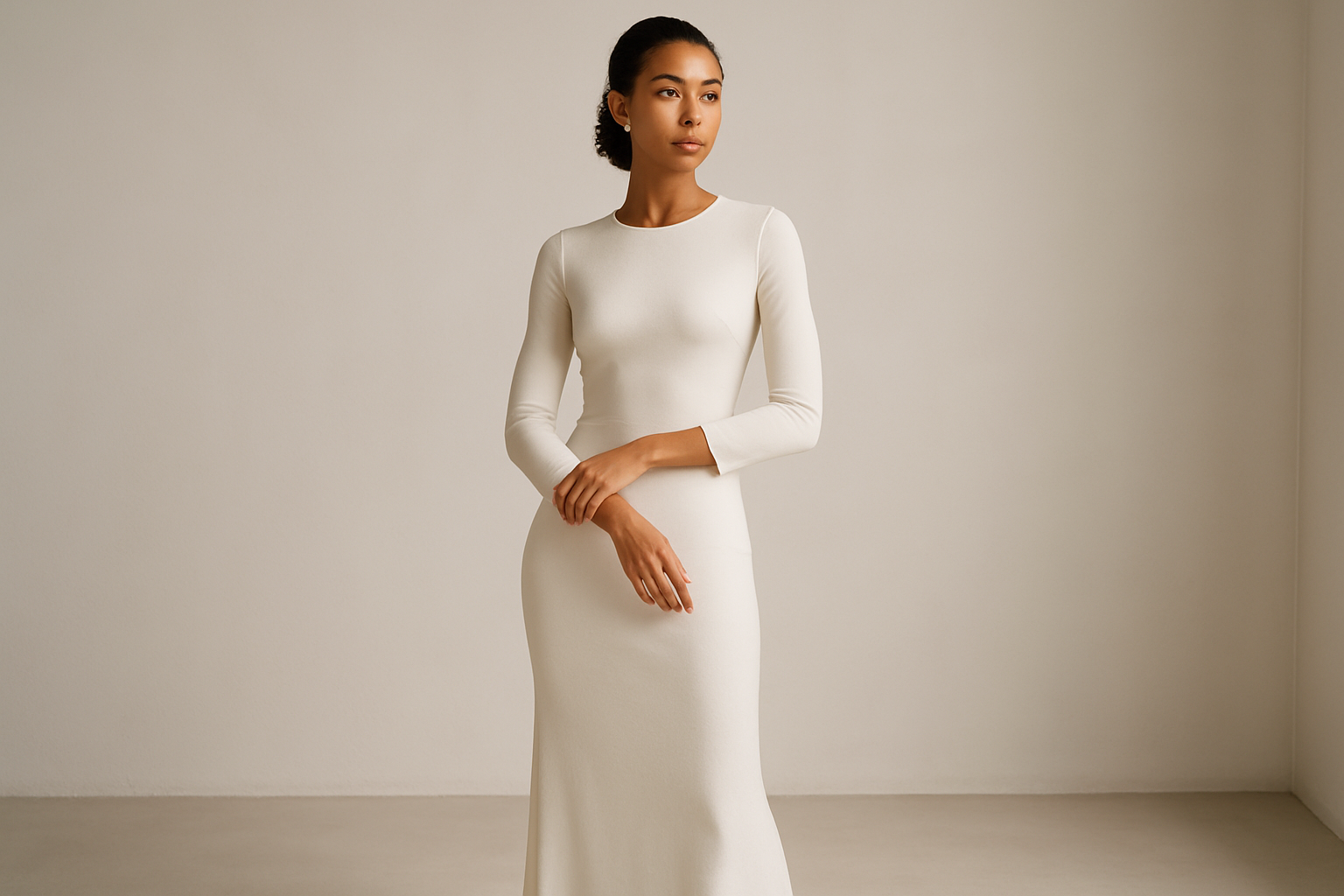 Cria uma imagem de uma modelo mulata para loja de roupas com um vestido branco e apertado e longo