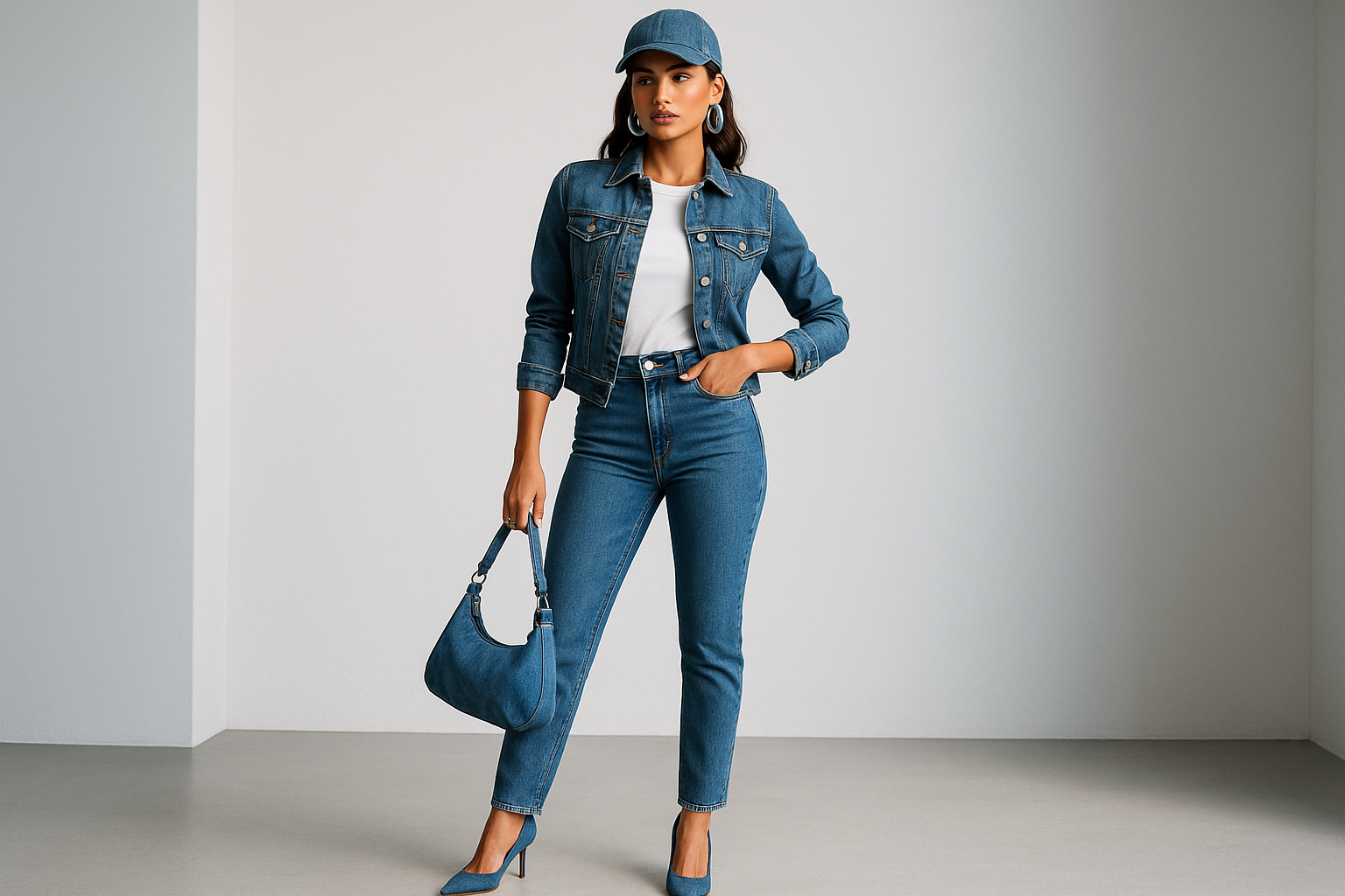 Crea outfit de uma modelo com um outfit jeans 